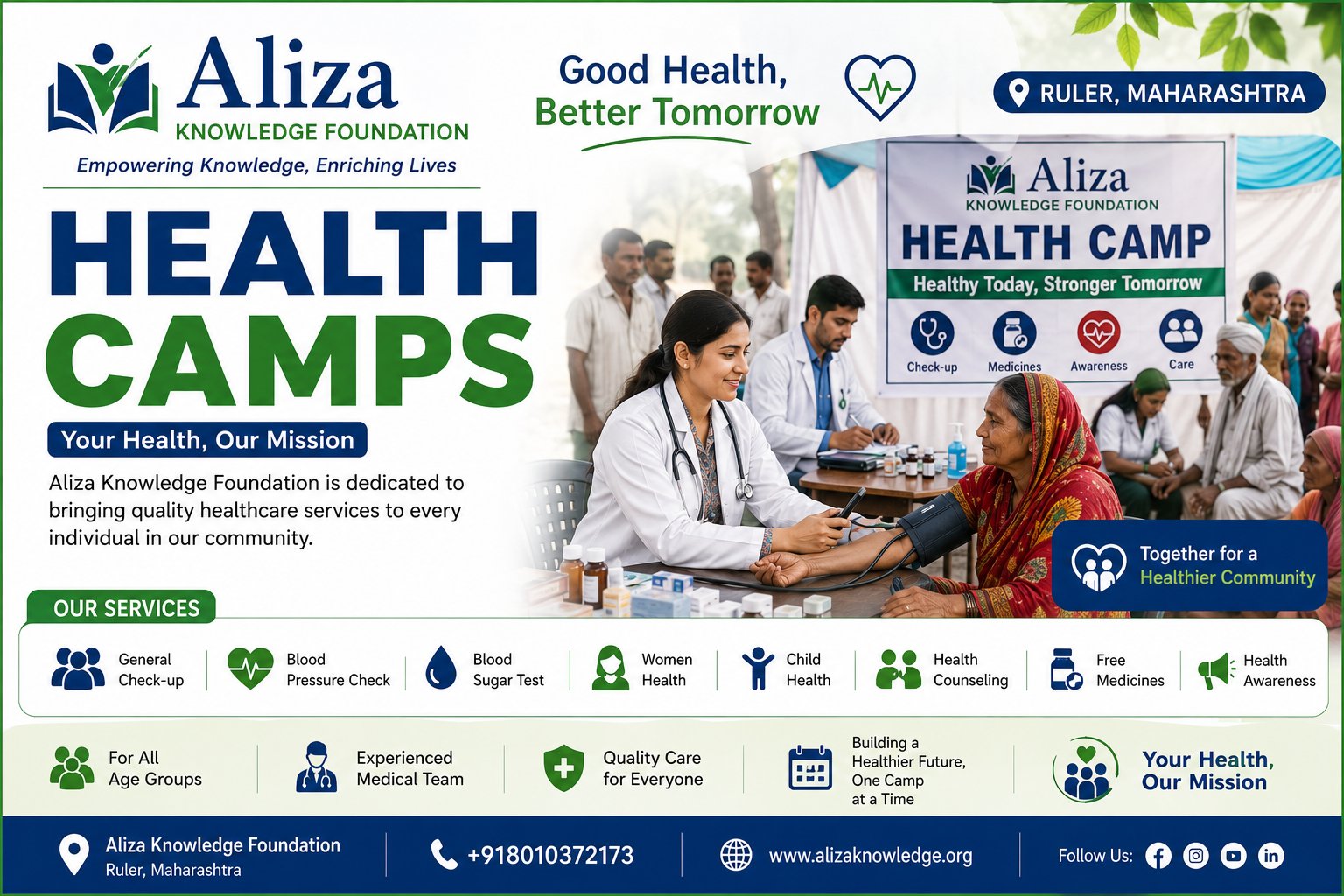Aliza Knowledge Foundation health camps, free check-ups and awareness for the community
